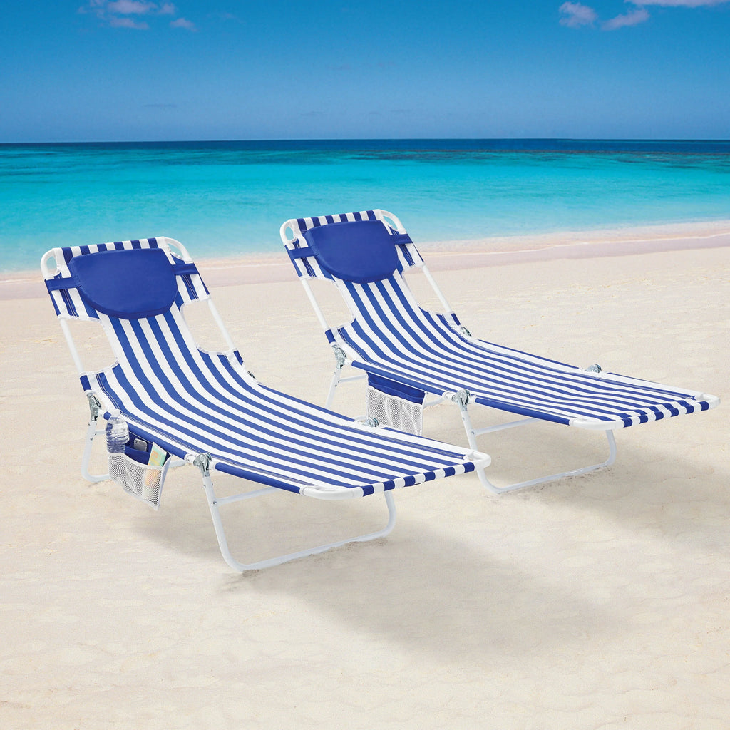 Blue & White Stripe Folding Beach Lounger V462