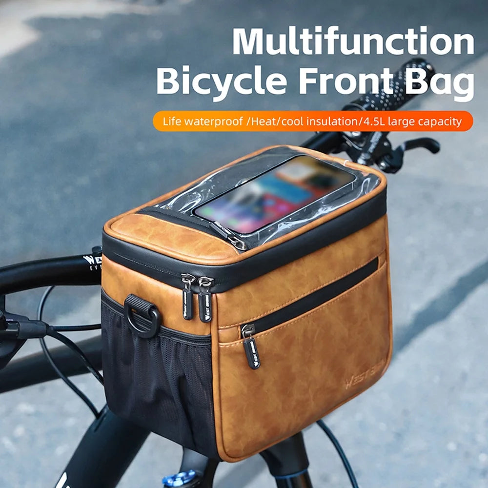 Waterproof Touchscreen Bike Front Handlebar Bag with Thermal Insulation PU Leather R505