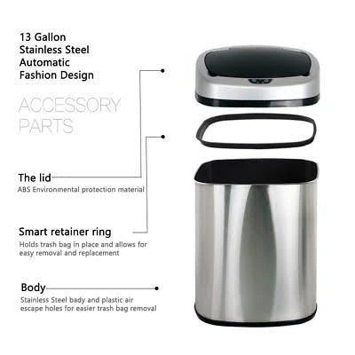 13.2-gallon Stainless Steel Touch Free Sensor Trash Can E38827