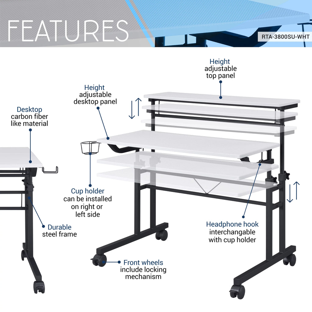 White Height Adjustable Rolling Writing Desk with Moveable Shelf A153977