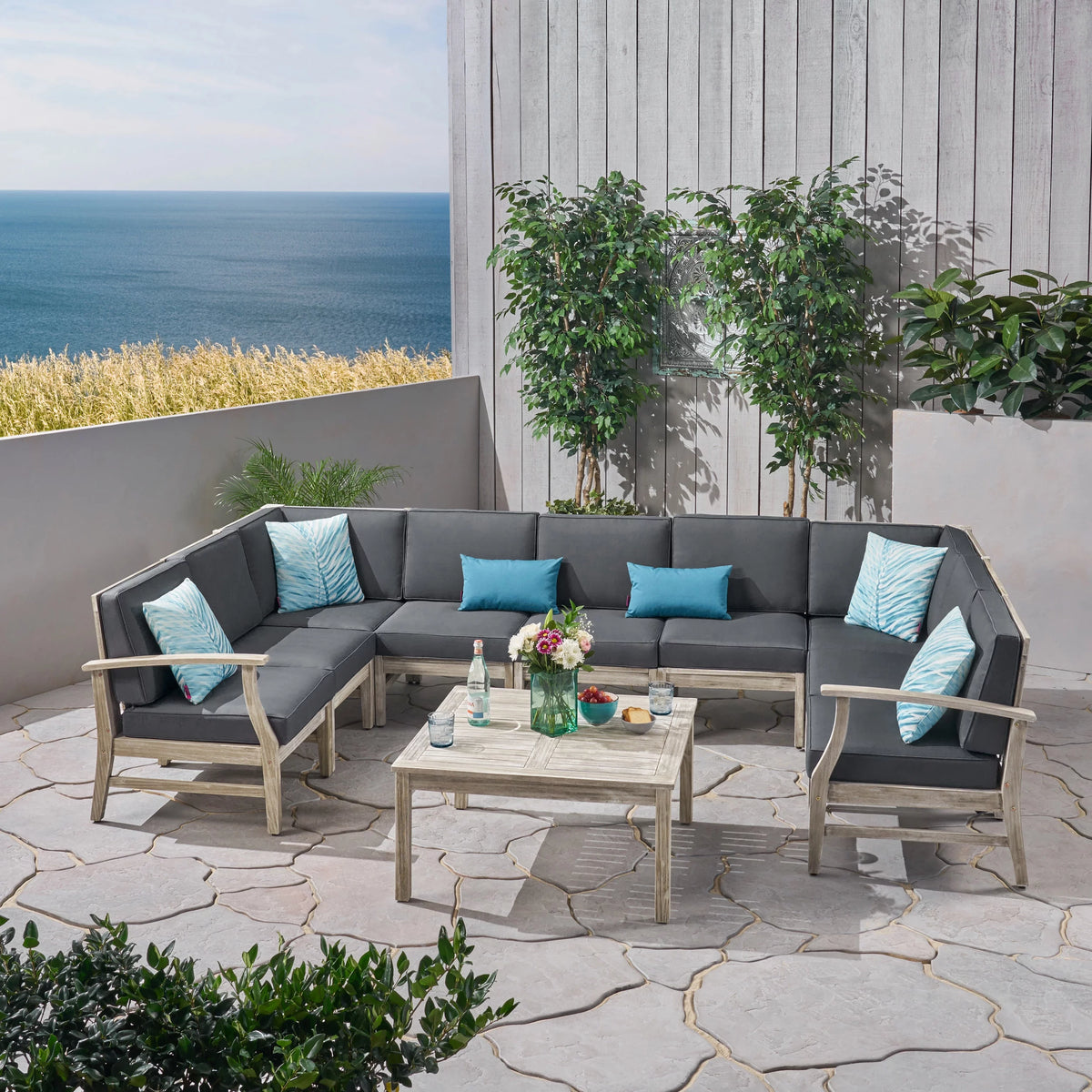 Light Gray Acacia Wood Outdoor Sofa Sectional Set D318