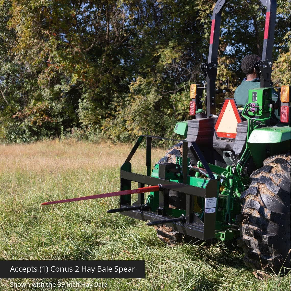 Pallet Fork Frame Attachment with 49 Hay Spear and Stabilizers, Fits Cat I & II Tractors, Rated 4,000 LB U8123
