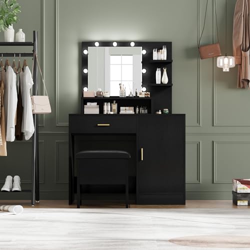 White Vanity Desk with Mirror and Lights and Drawer S69521