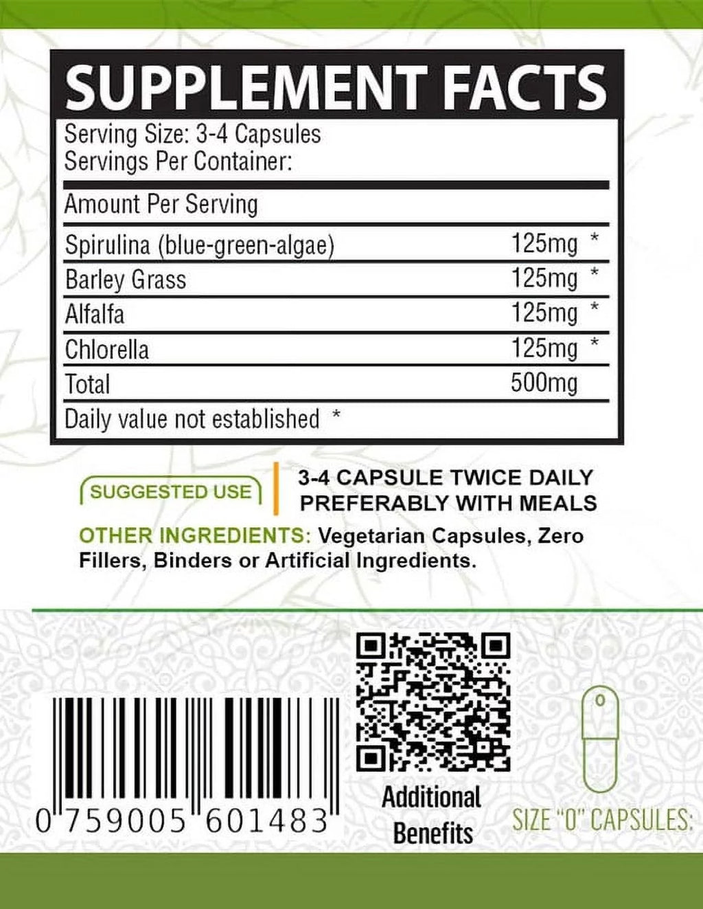 Organic Spirulina Barley Grass Alfalfa Chlorella Capsules 120 Count J900