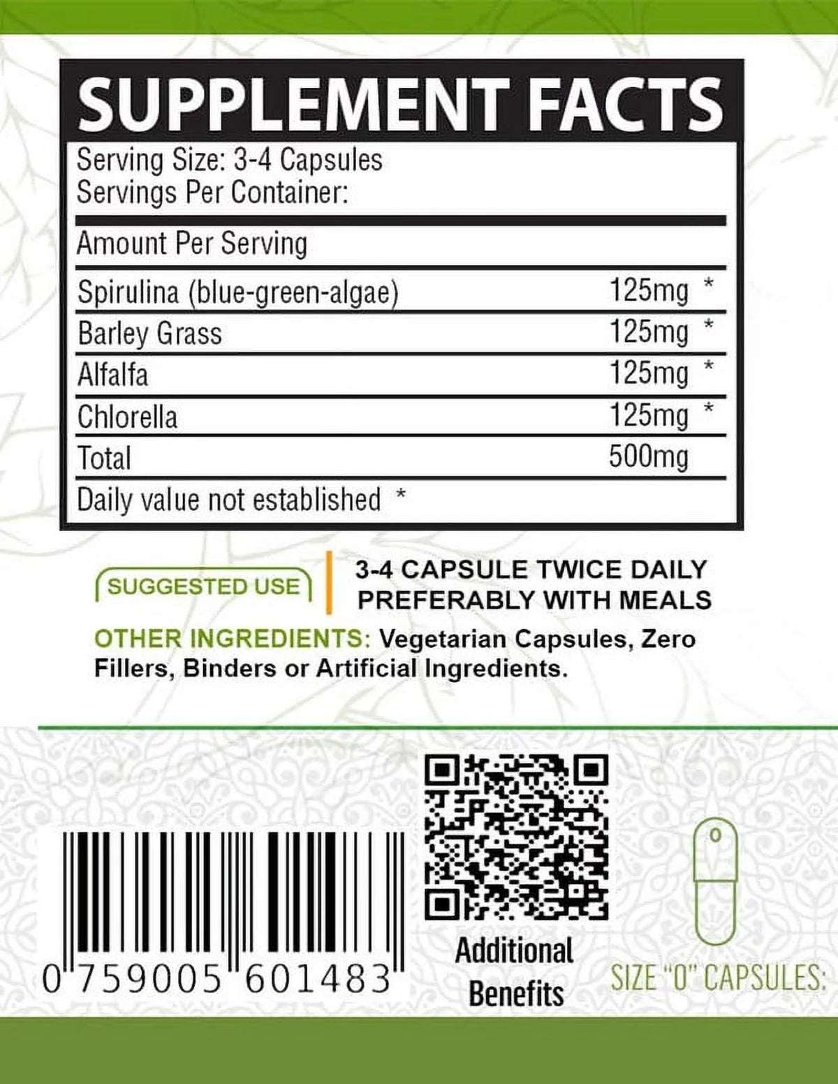 Organic Spirulina Barley Grass Alfalfa Chlorella Capsules 120 Count J900