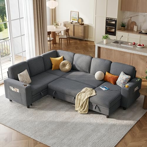 Grey Corduroy Sectional Sleeper Sofa with Pull Out Bed and Storage Chaise E46426
