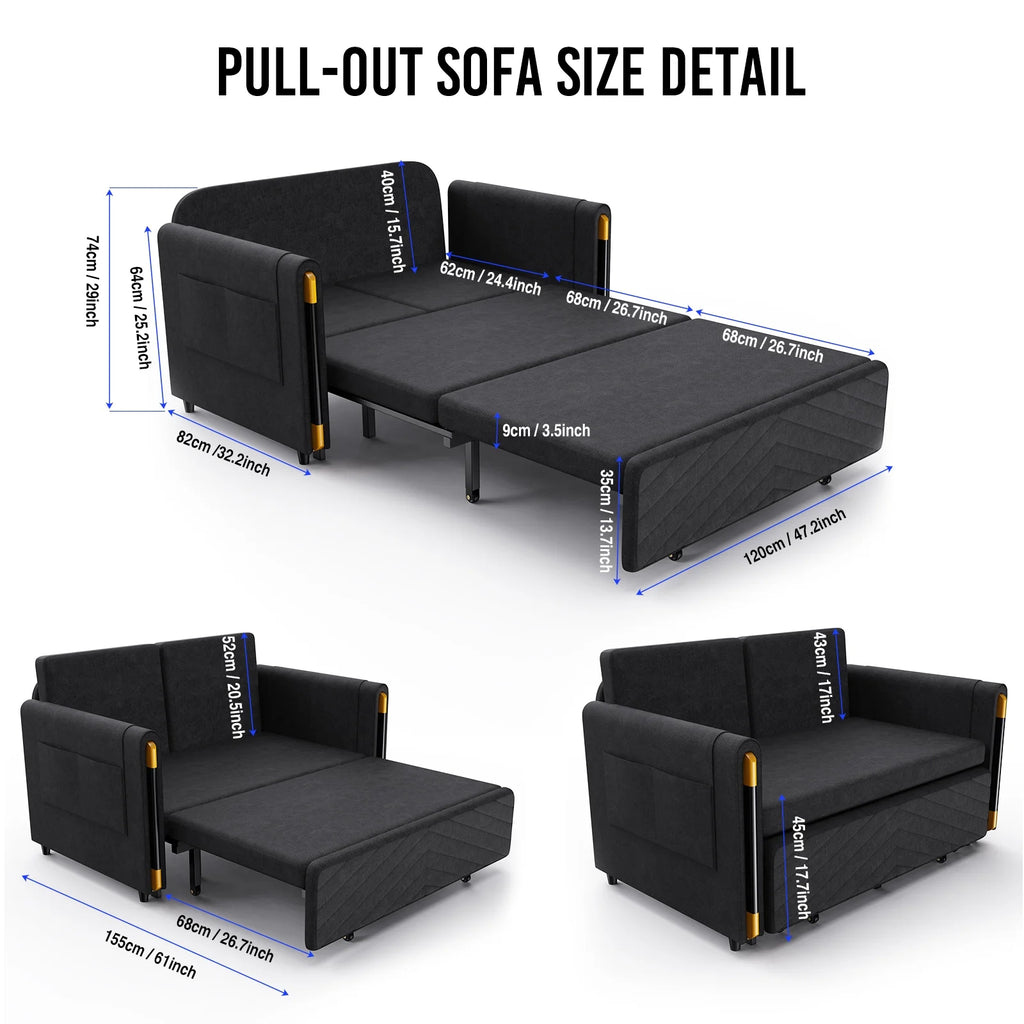 Black Linen Loveseat Sofa Bed with 2 Pillows E844