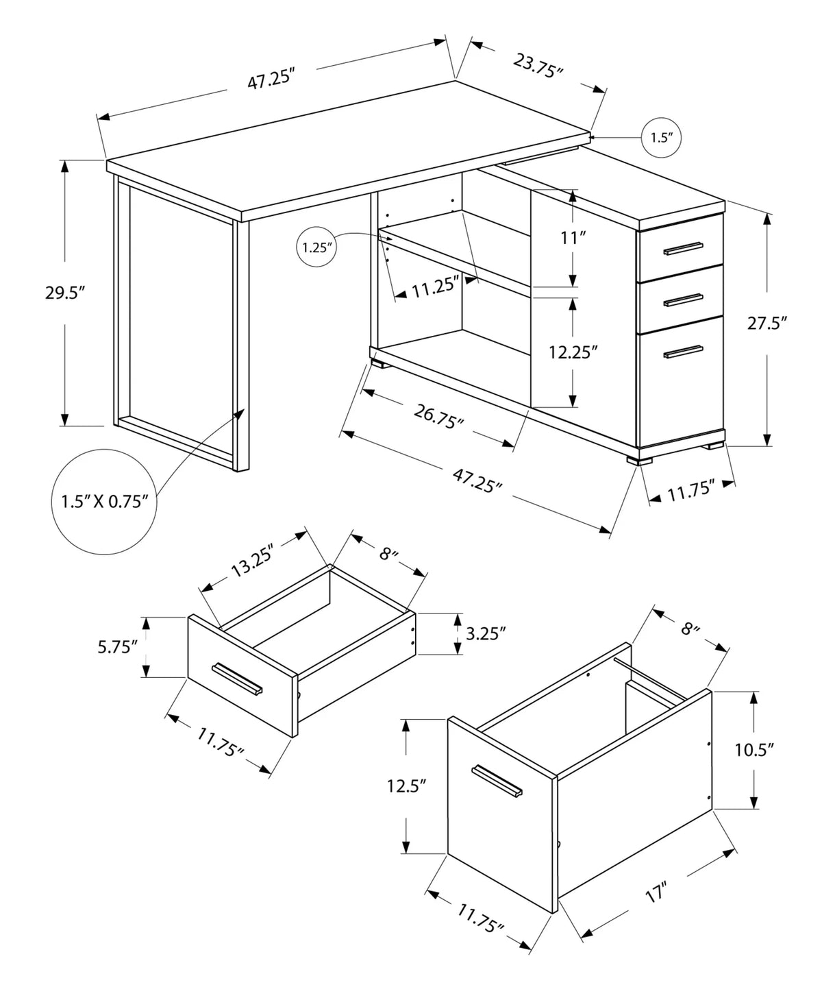 L-Shaped Corner Computer Desk with 3 Drawers L206356
