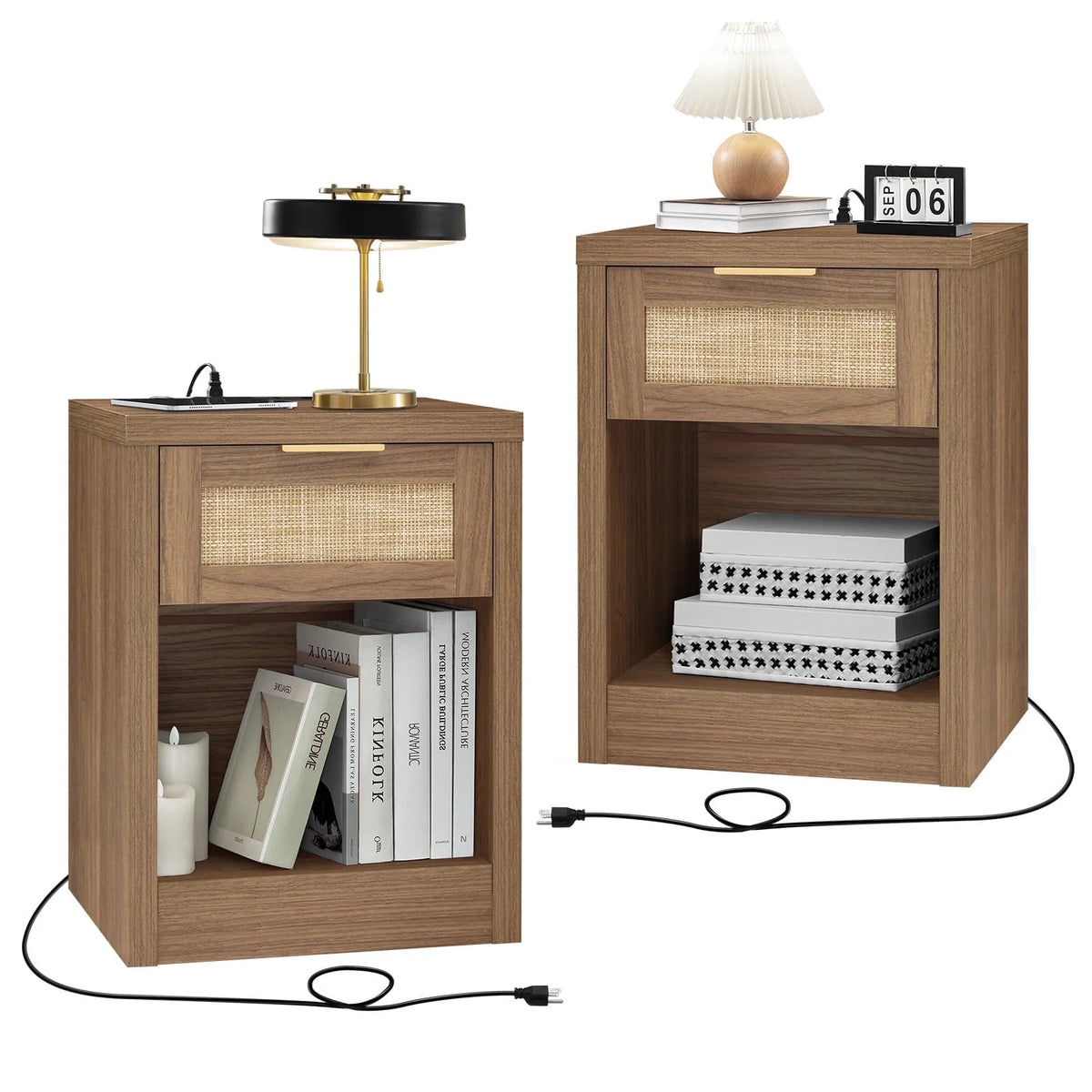 Rattan Nightstands Set of 2 with Charging Station O268