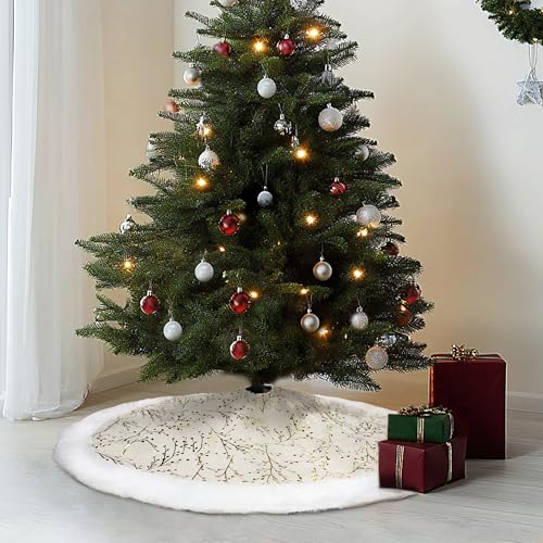 48 Inch White and Gold Faux Fur Plush Velvet Christmas Tree Skirt F425927