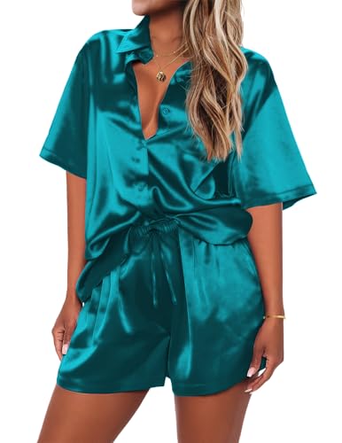 Silk Soft Satin Button Down Pajamas Short Sleeve Top and Shorts 2 Piece Set U54447