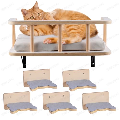 Natural Wood Cat Wall Shelves with 5 Steps P62209