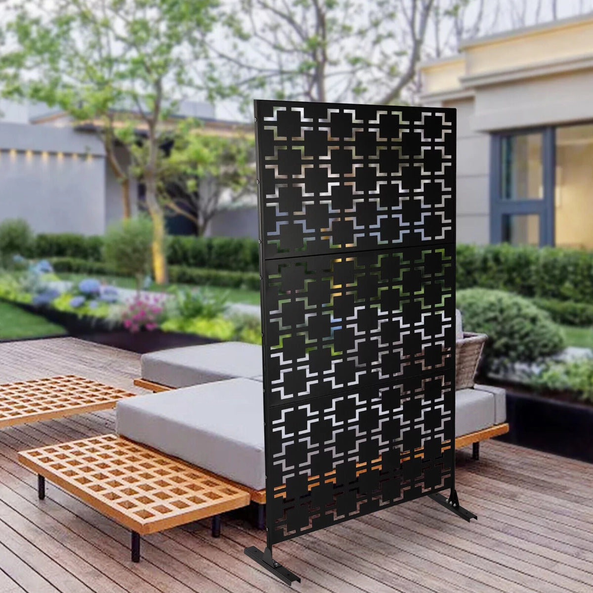 Black Metal Outdoor Privacy Screen Panel with Stand N861562