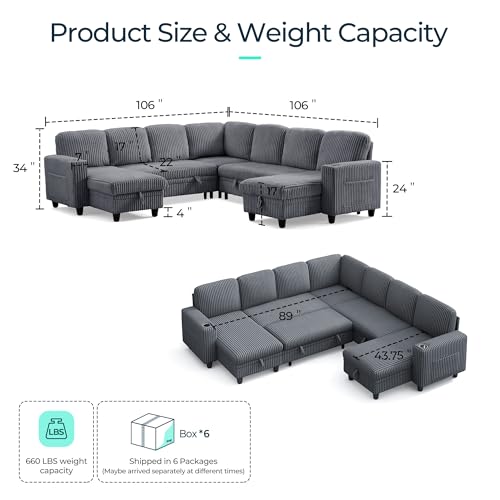 Grey Corduroy Sectional Sleeper Sofa with Pull Out Bed and Storage Chaise E46426
