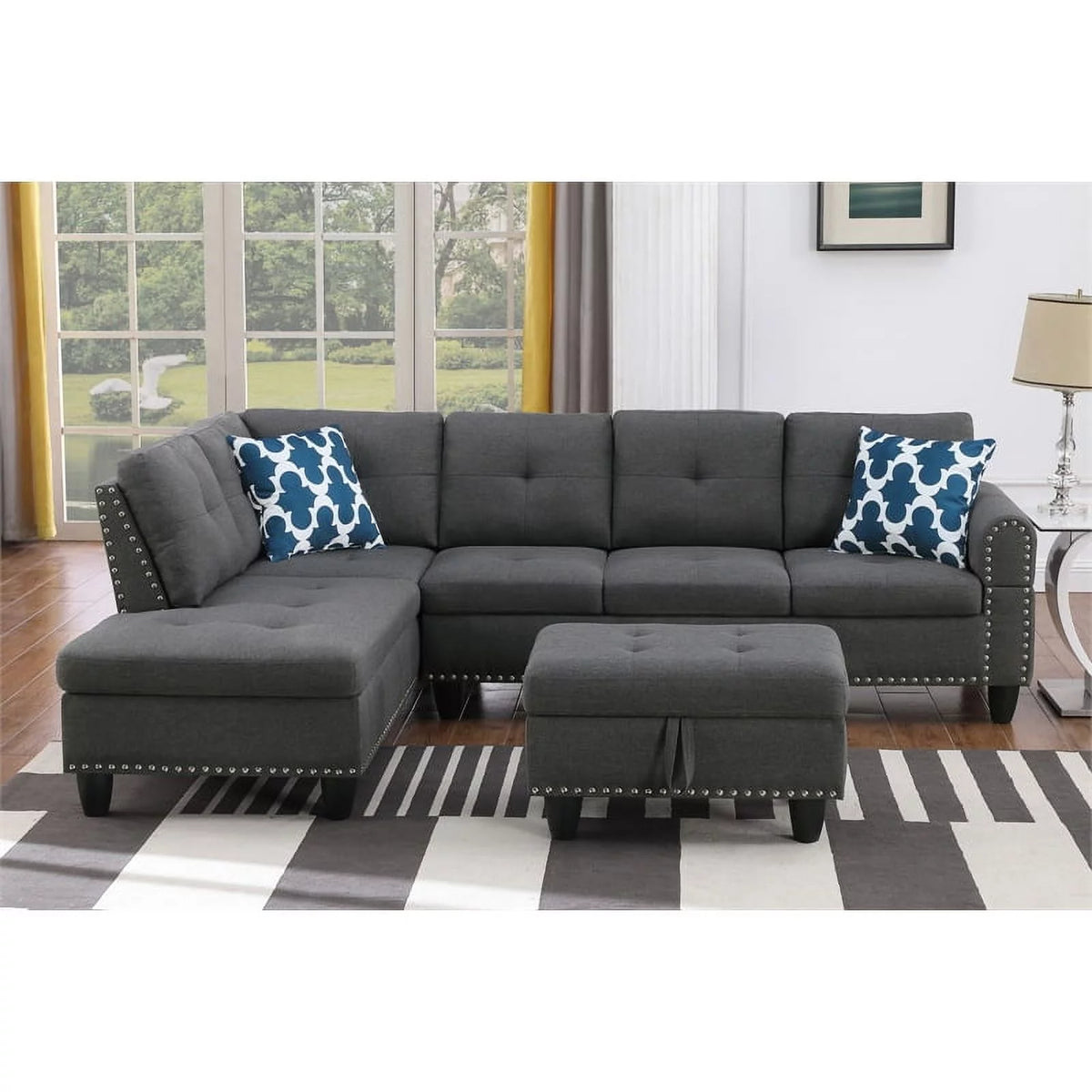 Gray Polyester Fabric Sectional Sofa with Ottoman D11290
