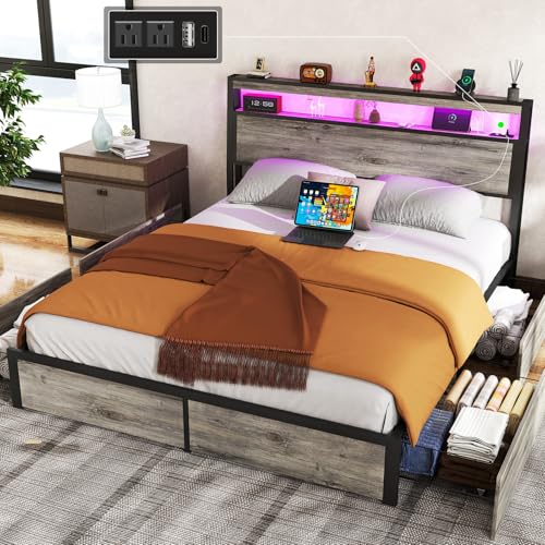 Queen Bed Frame with Storage Headboard and 4 Drawers H51203