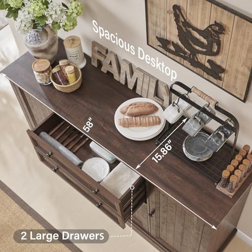 Brown Wood Buffet Cabinet with Storage, 2 Drawers, 4 Barn Doors O2104
