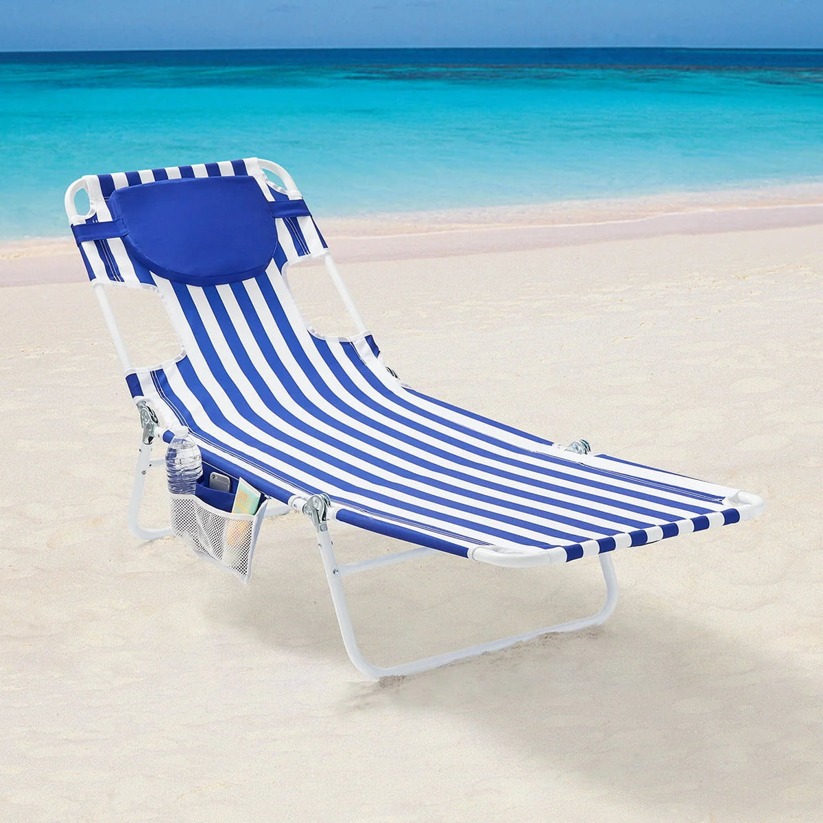 Blue & White Stripe Folding Beach Lounger V462