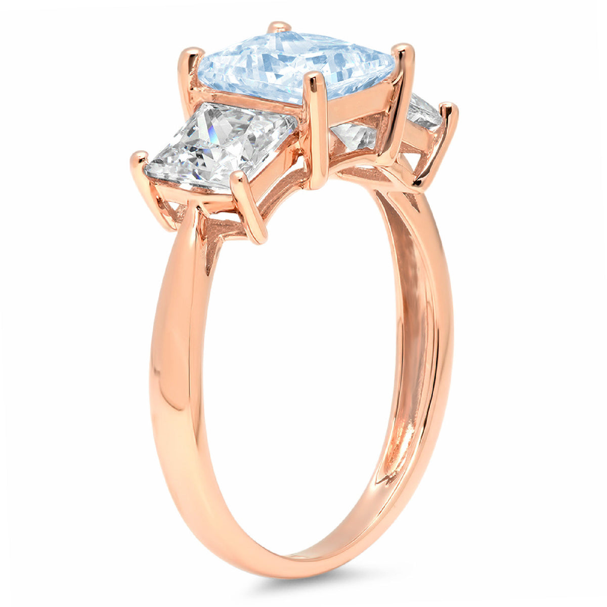 Princess Cut Blue Simulated Diamond 18k Rose Gold 3 Stone Ring Size 3.75 C3281