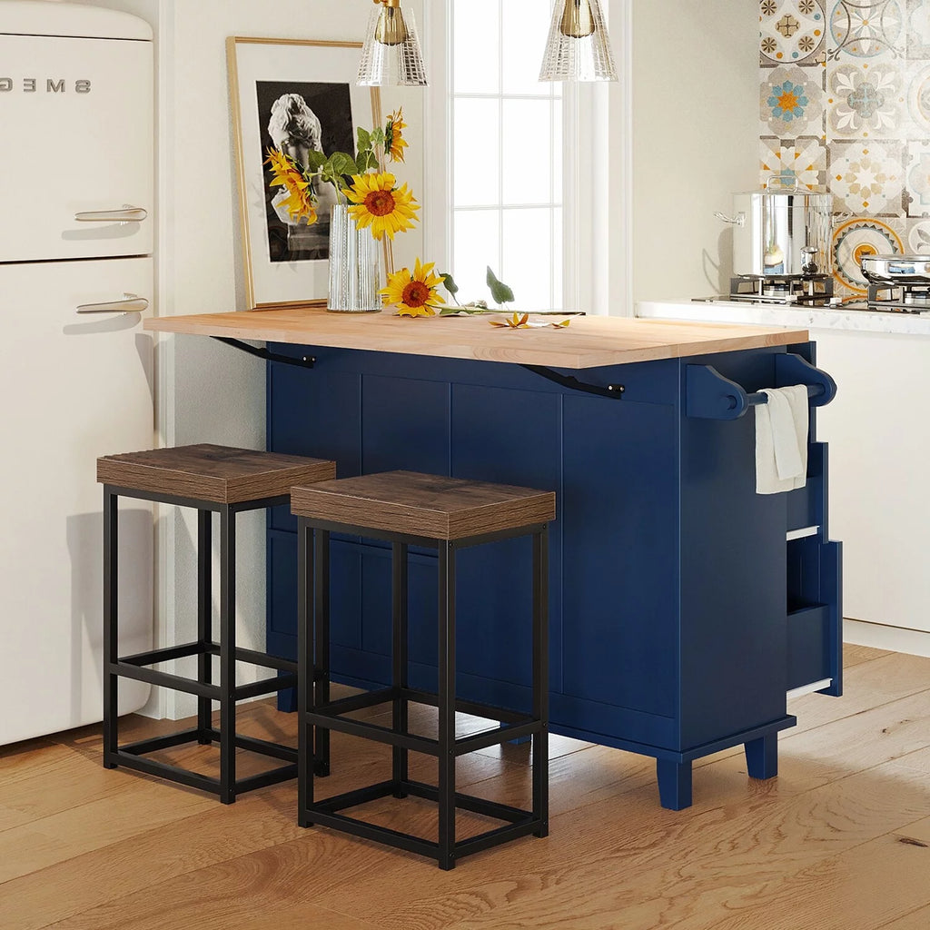 Blue Kitchen Island Set with Drop Leaf and 2 Seatings T6742