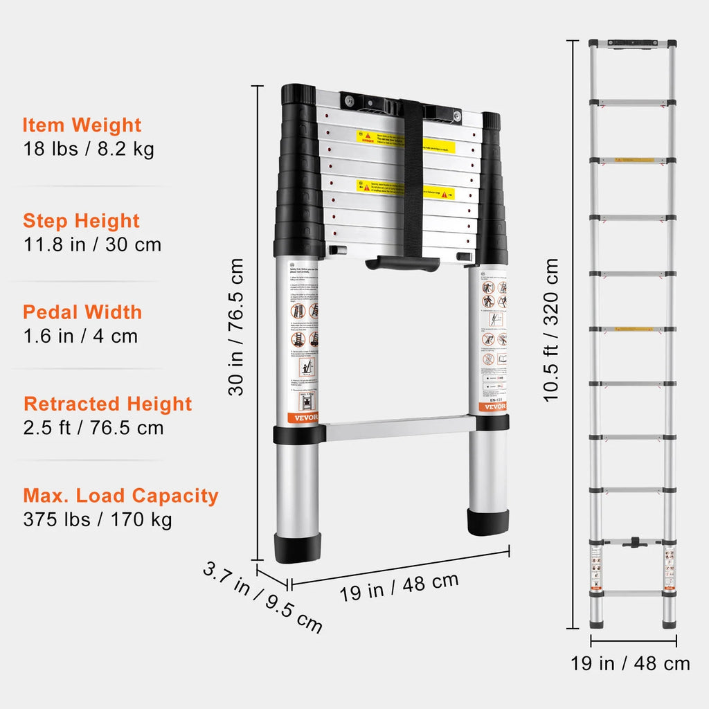 10.5FT Aluminum Telescoping Ladder 375lbs Load Capacity A4613