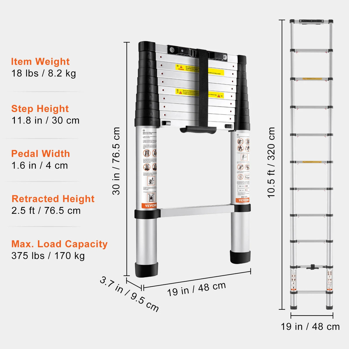 10.5FT Aluminum Telescoping Ladder 375lbs Load Capacity A4613