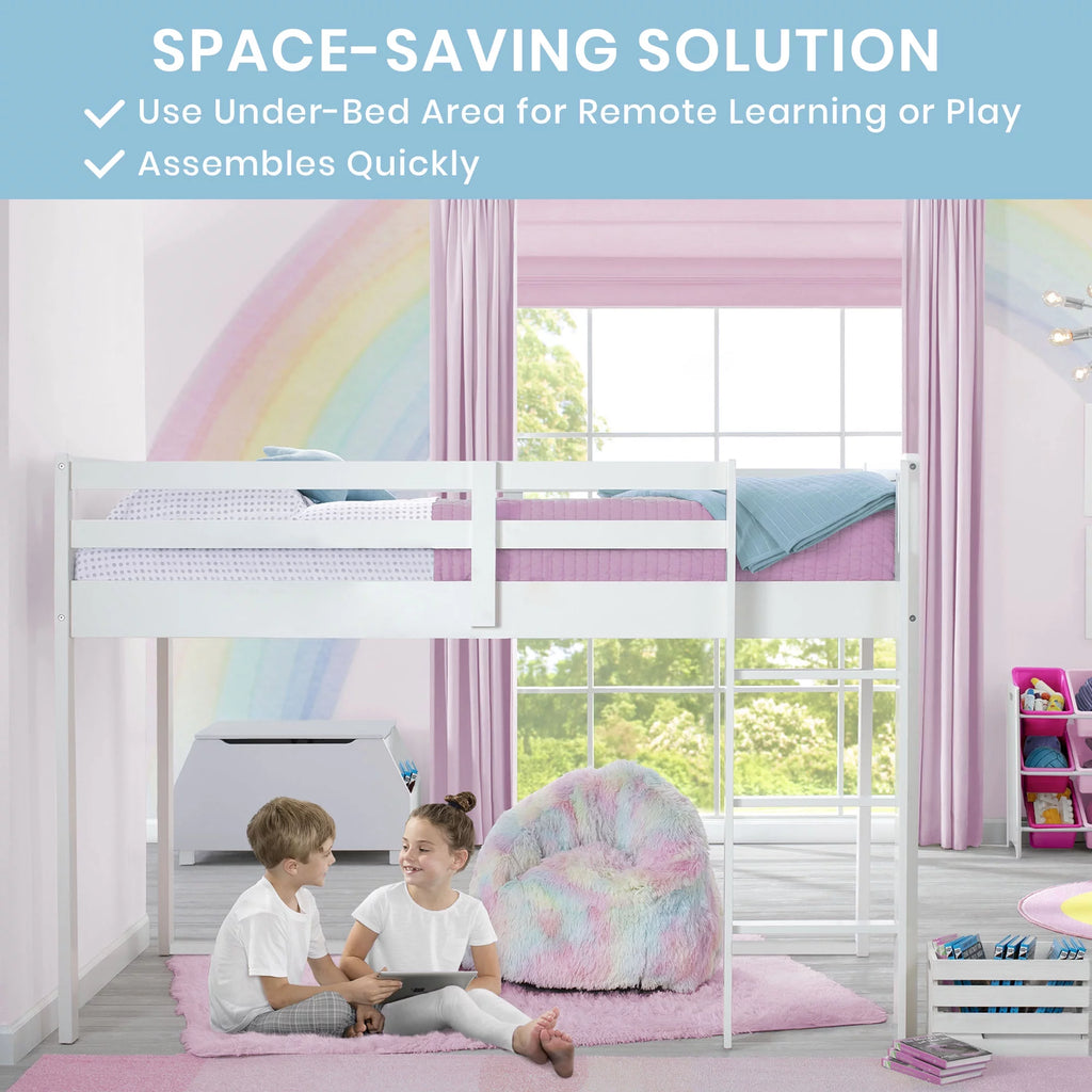 White Twin Loft Bed with Guardrail and Ladder G9716