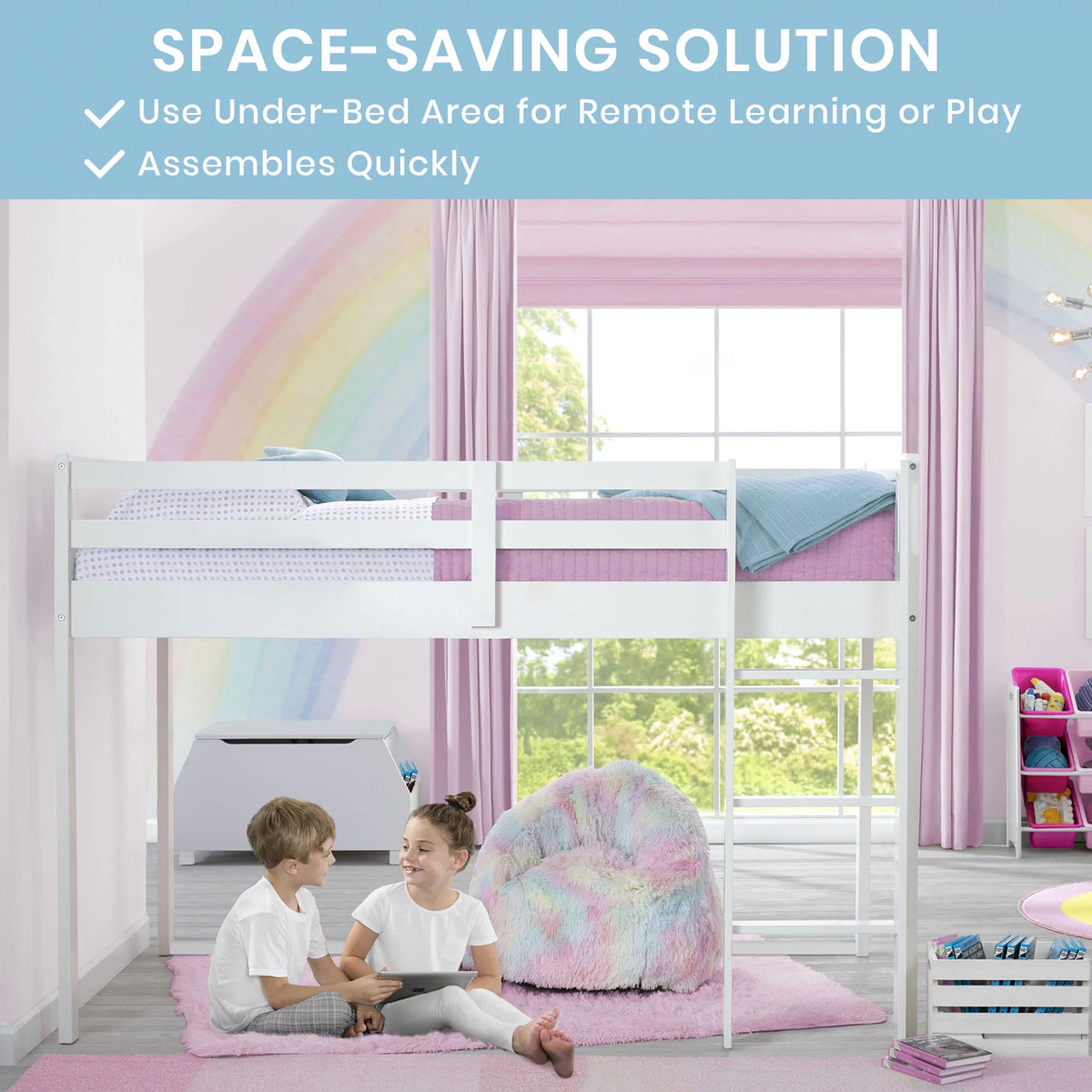 White Twin Loft Bed with Guardrail and Ladder G9716