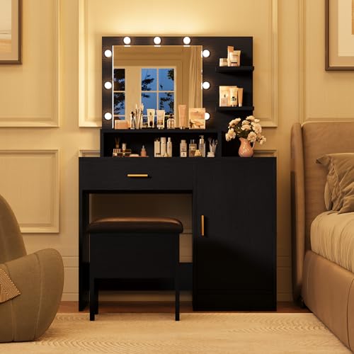 White Vanity Desk with Mirror and Lights and Drawer S69521