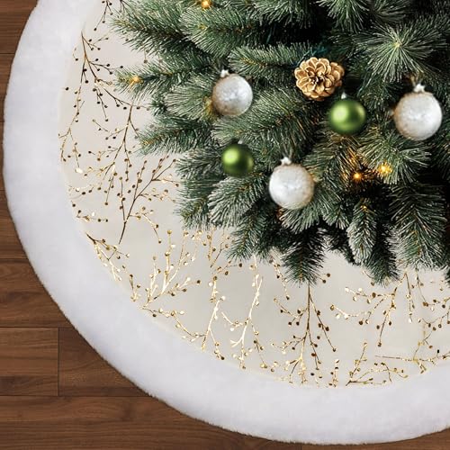 48 Inch White and Gold Faux Fur Plush Velvet Christmas Tree Skirt F425927