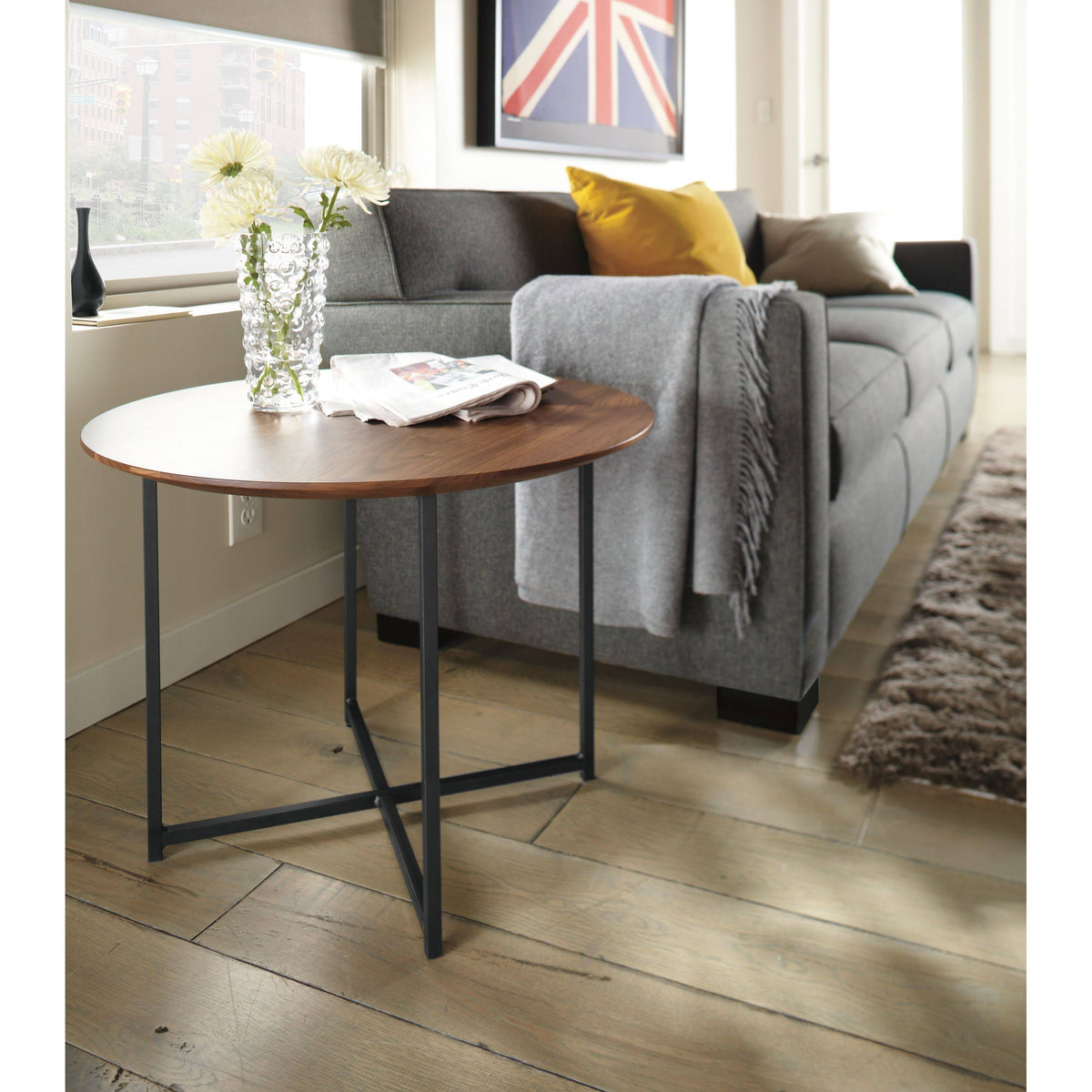 Round End Table 18 Diameter 22H Recycled Natural Steel Walnut Top Natural Steel Base C507634