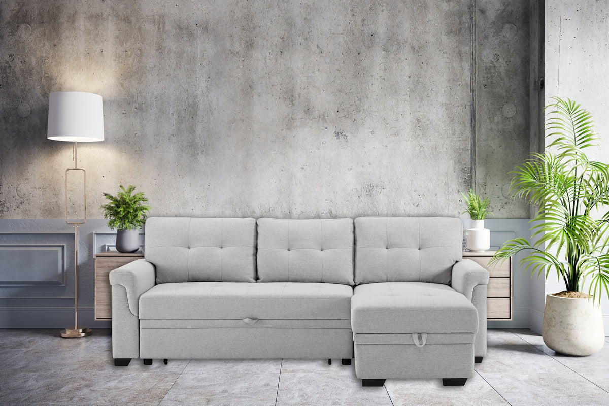Light Gray Reversible Sleeper Sectional Sofa with Storage Chaise V5829