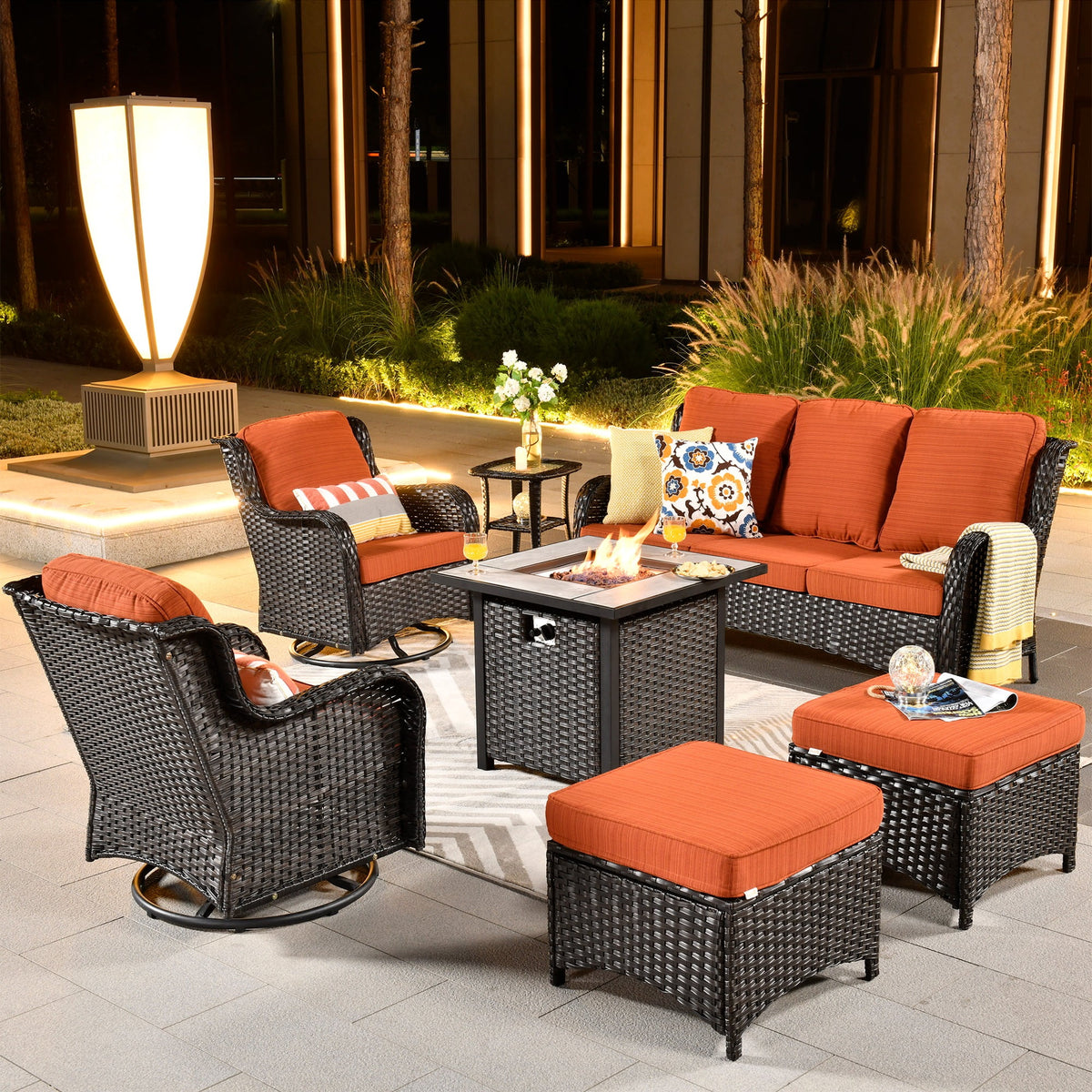7 Pieces Wicker Metal Frame Patio Furniture Set with Fire Pit Table Z215