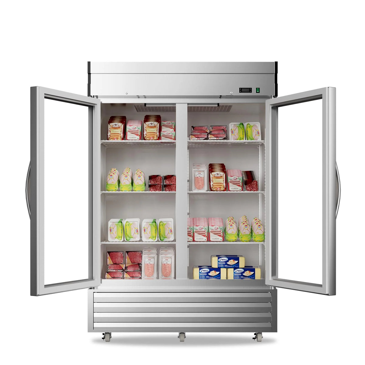 Commercial Beverage Cooler 2 Glass Doors 49 Cu.ft Stainless Steel Reach-in Upright Refrigerator H40115