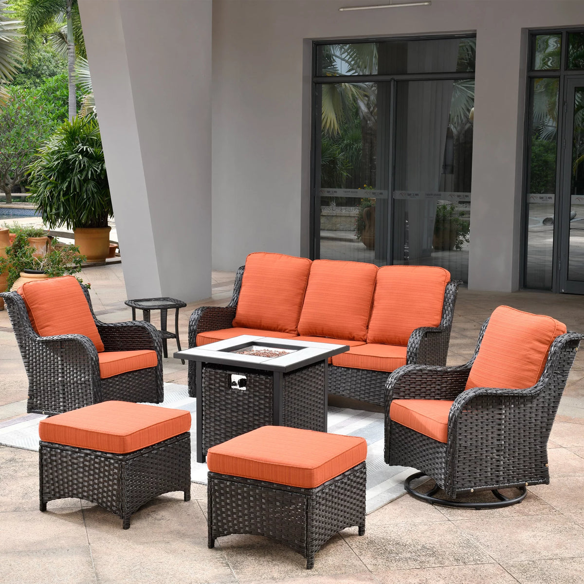 7 Pieces Wicker Metal Frame Patio Furniture Set with Fire Pit Table Z215