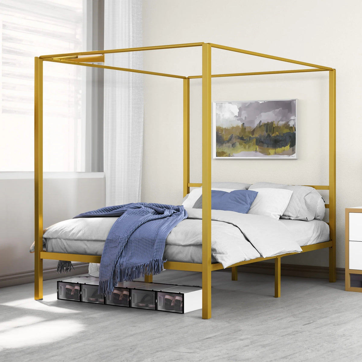 Queen Size Gold Metal Canopy Bed Frame with Headboard X1785