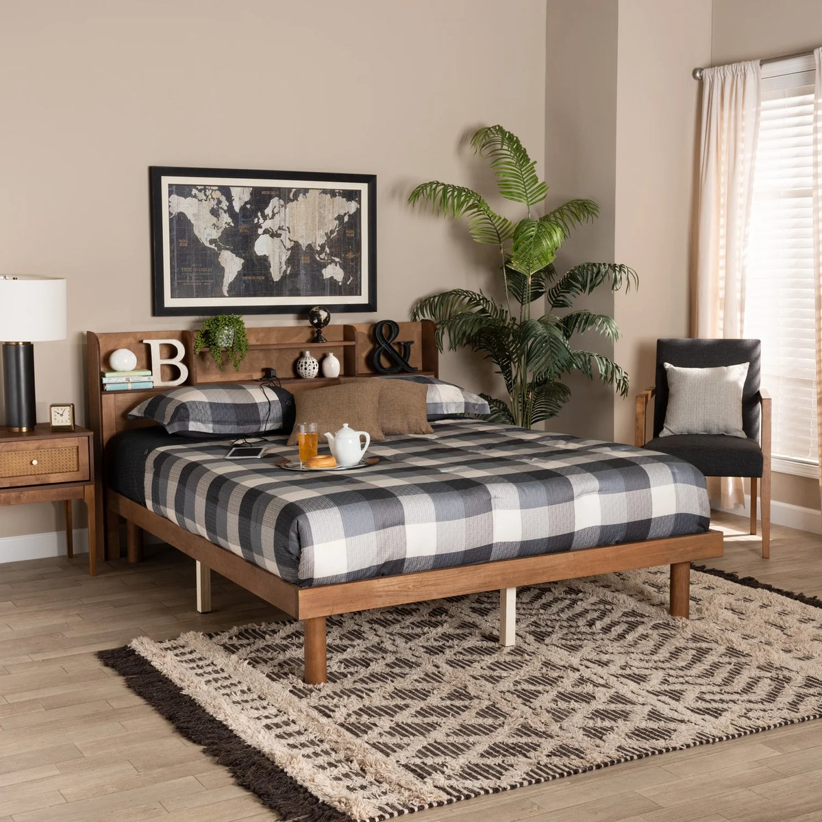 Walnut Brown Wood Platform Bed With Charging Station V6654