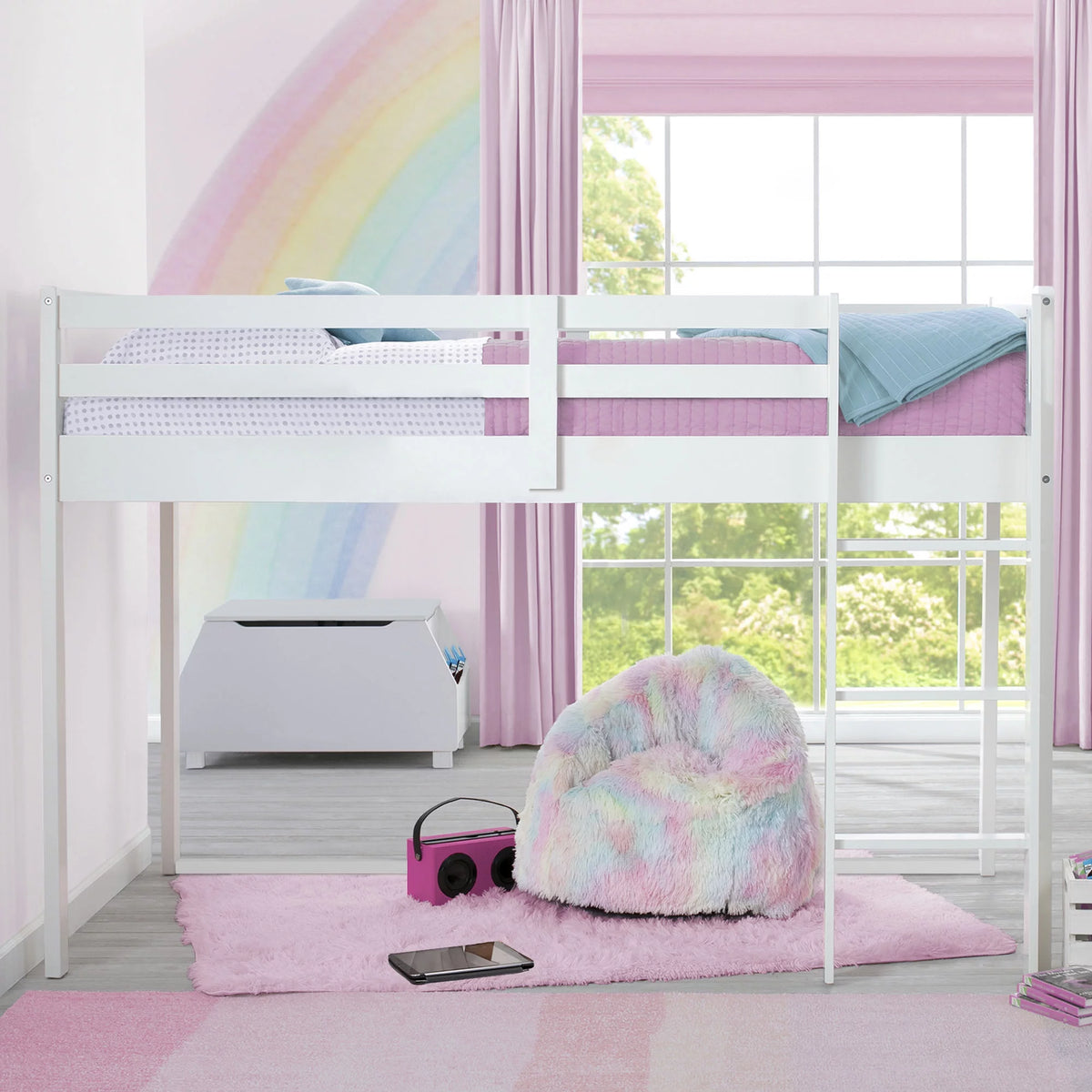 White Twin Loft Bed with Guardrail and Ladder G9716