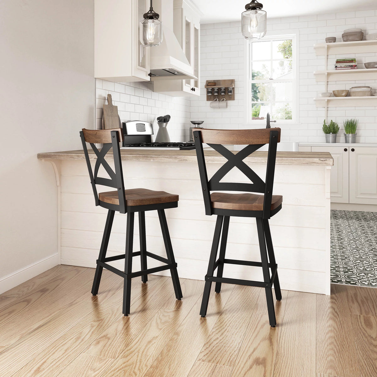 26 In. Swivel Counter Stool Light Brown Distressed Wood Black Metal E120