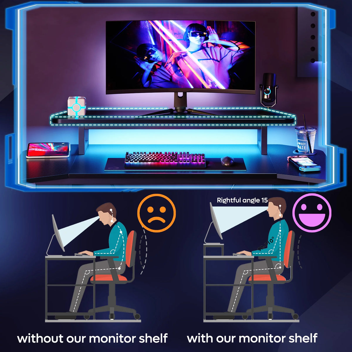 Black 50 Inch Gaming Desk with LED Lights A836