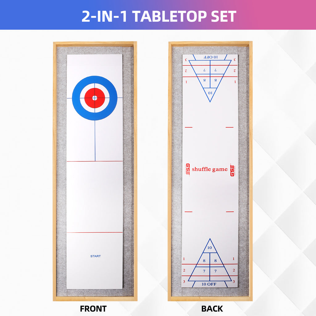2-in-1 Solid Wood Mini Shuffleboard and Curling Tabletop Game Board Set with 8 Rollers H796