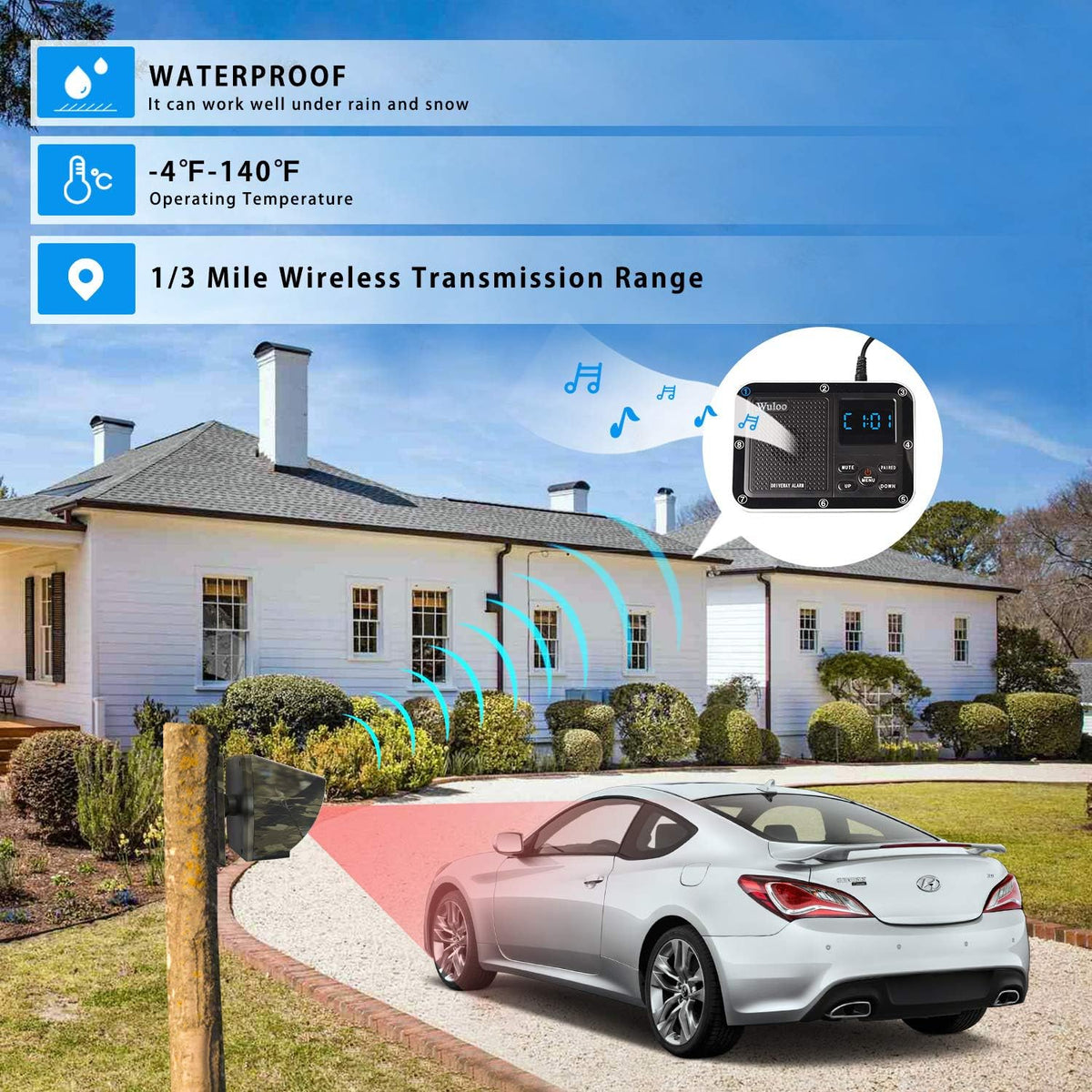 Solar Driveway Alarm Wireless Outdoor Motion Sensor Detector System with Rechargeable Battery Weatherproof Mute Mode R10665