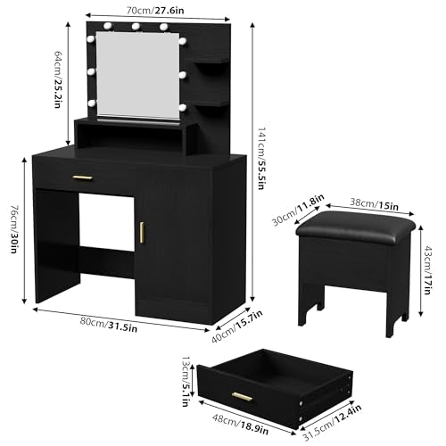 White Vanity Desk with Mirror and Lights and Drawer S69521