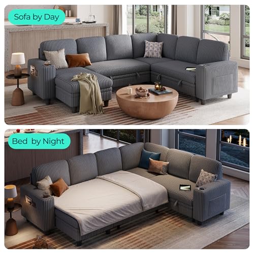 Grey Corduroy Sectional Sleeper Sofa with Pull Out Bed and Storage Chaise E46426