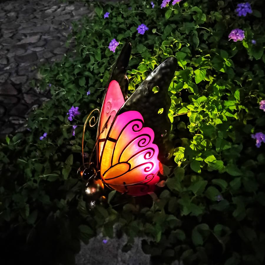 2 in 1 Waterproof Solar Butterfly Garden Light Metal Glass Decorative Lights LED Outdoor Lighting with Ground Stake (Blue) K3847