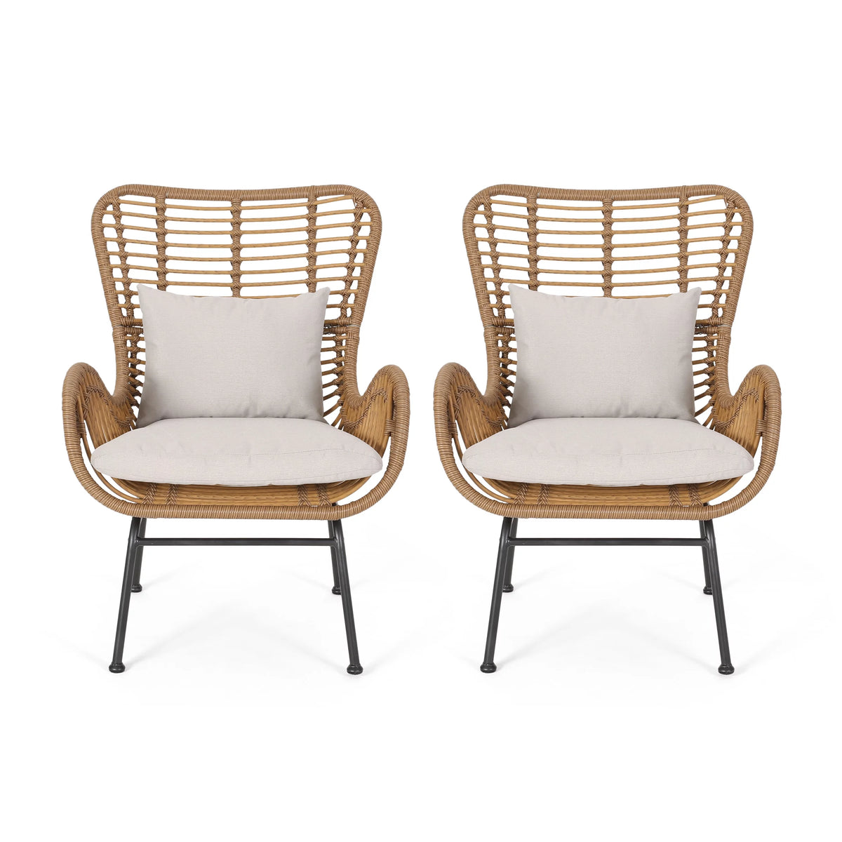 Set of 2 Light Brown Beige Wicker Club Chairs with Cushions P115