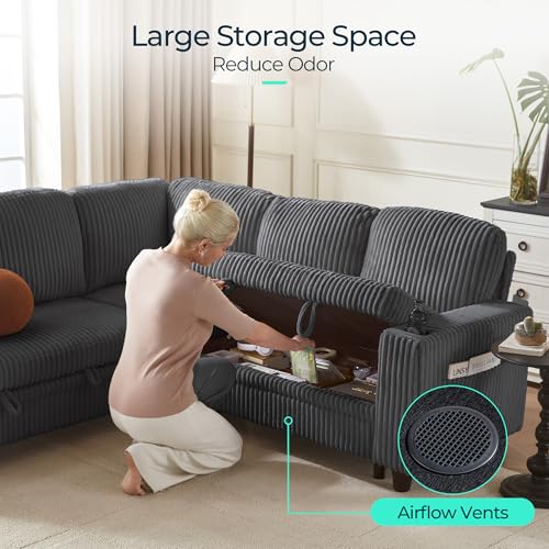 Grey Corduroy Sectional Sleeper Sofa with Pull Out Bed and Storage Chaise E46426