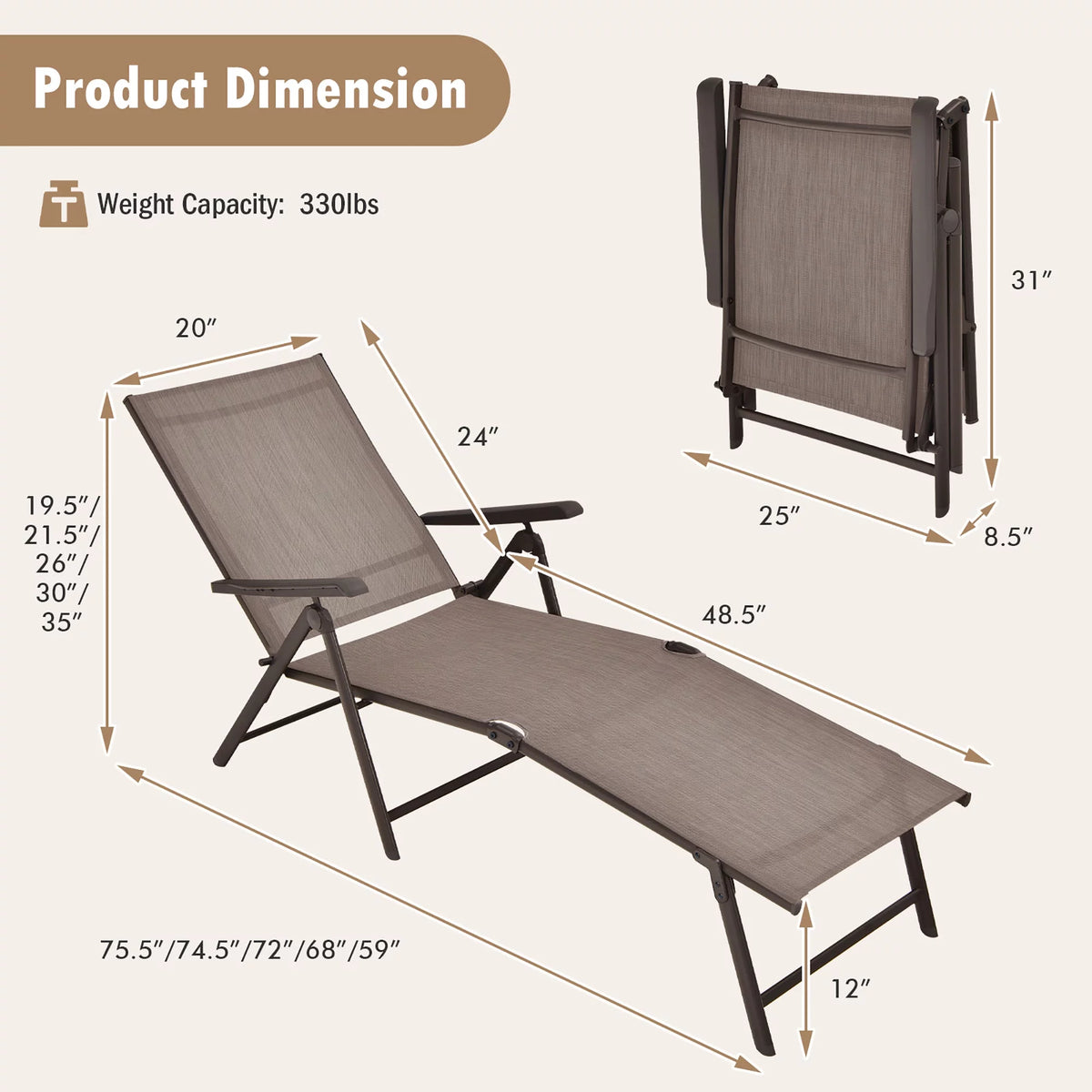 Set of 2 Black Adjustable Folding Chaise Lounge Chair J462095