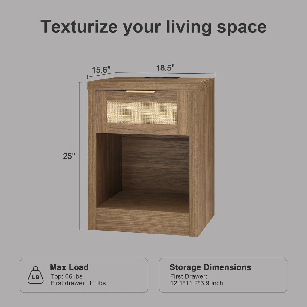 Rattan Nightstands Set of 2 with Charging Station O268