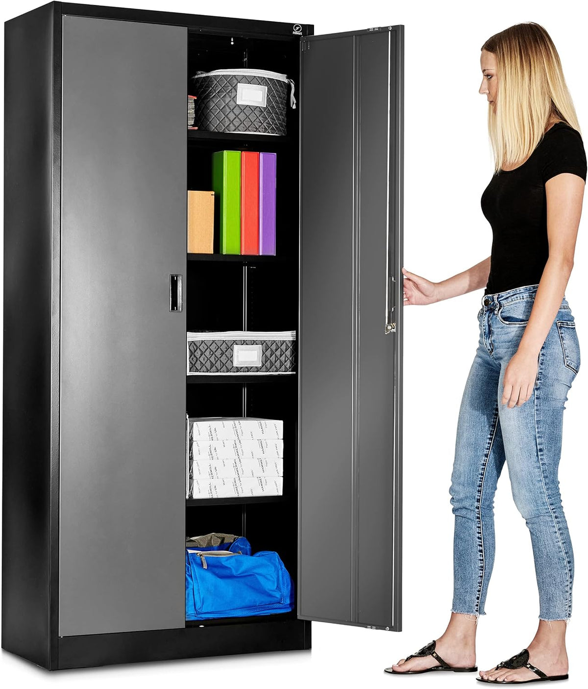 Black Steel Garage Storage Cabinet with Adjustable Shelves and Locking Doors T429